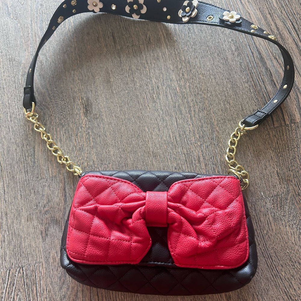 Betsey Johnson quilted black bag with red bow and flowered strap